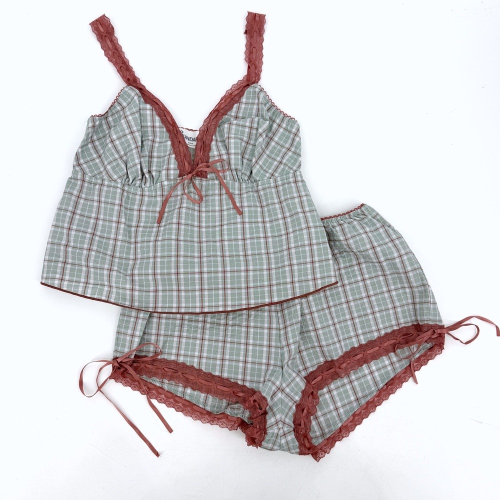 No Boundaries Green Plaid Babydoll Cami Top & Shorts Pajama Set Small Coquette
